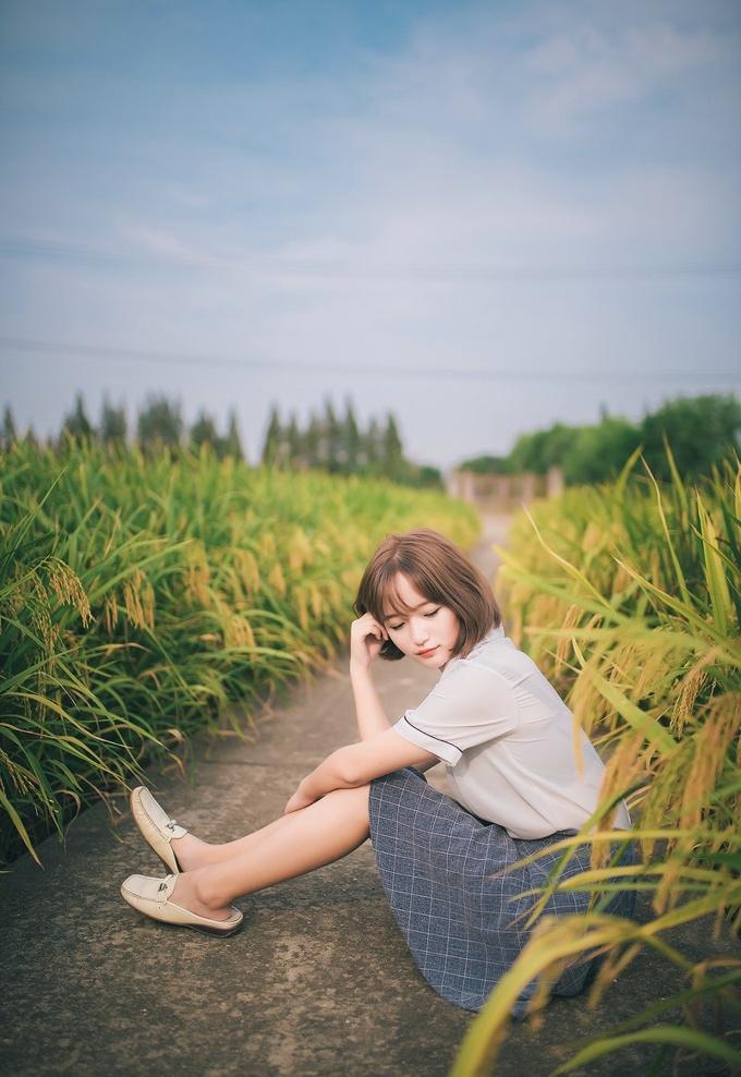 短发薄纱上衣女孩稻田写真诱人甜美清新时尚写真