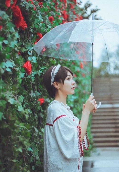 雨天撑伞短发女孩花墙背景小清新写真