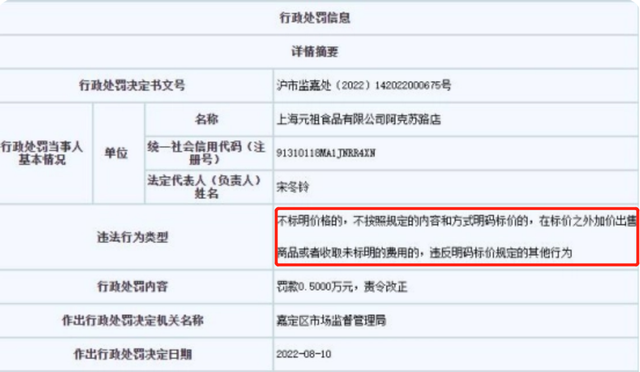 元祖食品曾因标价之外加价销售商品被罚 副总张汉明知道吗？