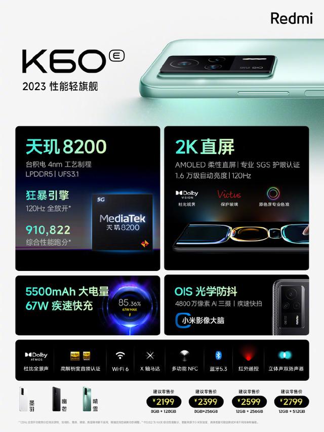 2199元起，小米Redmi K60 E手机发布：搭载天玑8200，2K直屏