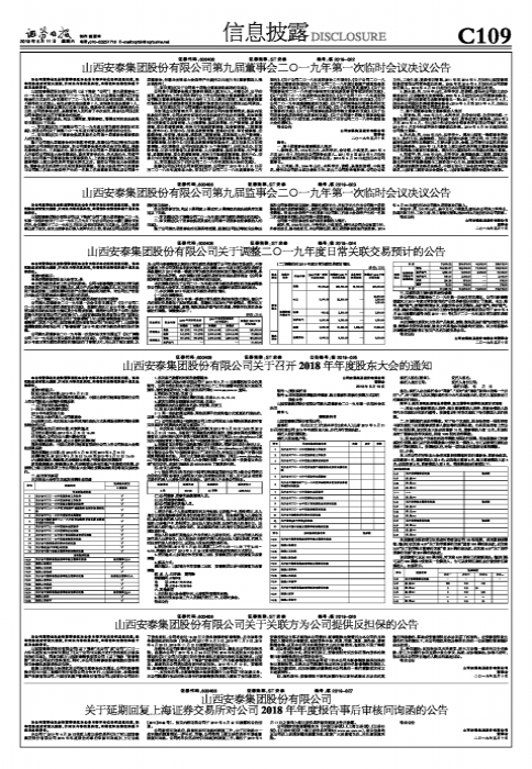 山西安泰集团股份有限公司第九届董事会二○一九年第一次临时会议决议公告