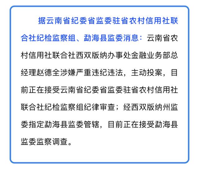 主动投案，云南省农村信用社联合社西双版纳办事处金融业务部总经理赵德全被查