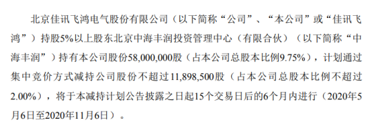 佳讯飞鸿股东中海丰润拟减持股份 预计减持不超总股本2%