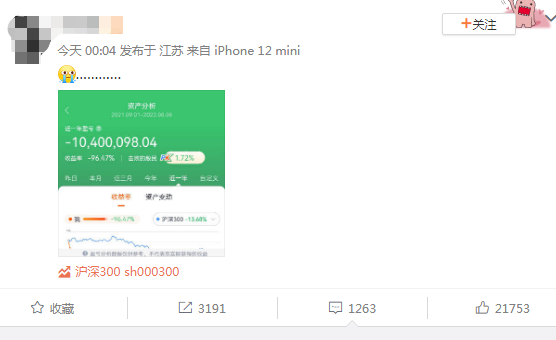 投资者晒炒股收益：一年亏掉1040万，亏损比例96%，还“跑赢1.72%股民”！网友：有安慰到我