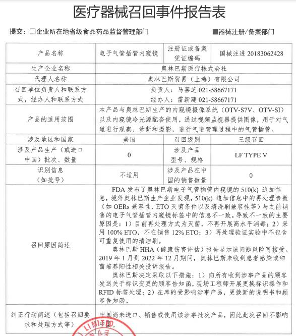 奥林巴斯医疗株式会社对2批次产品主动召回