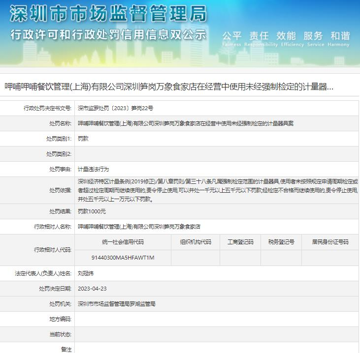 呷哺呷哺深圳某分店被罚 存在计量违法行为