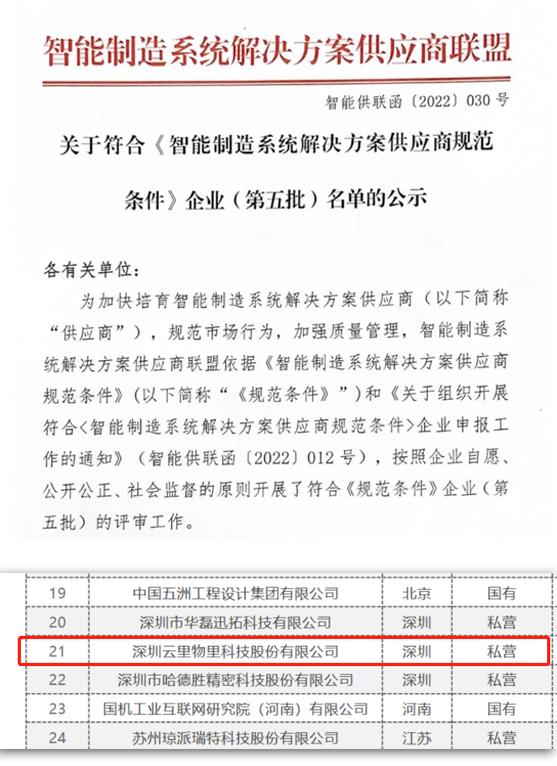 云里物里入选《智能制造系统解决方案供应商规范条件》企业名单