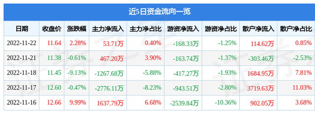 锋龙股份（002931）11月22日主力资金净买入53.71万元