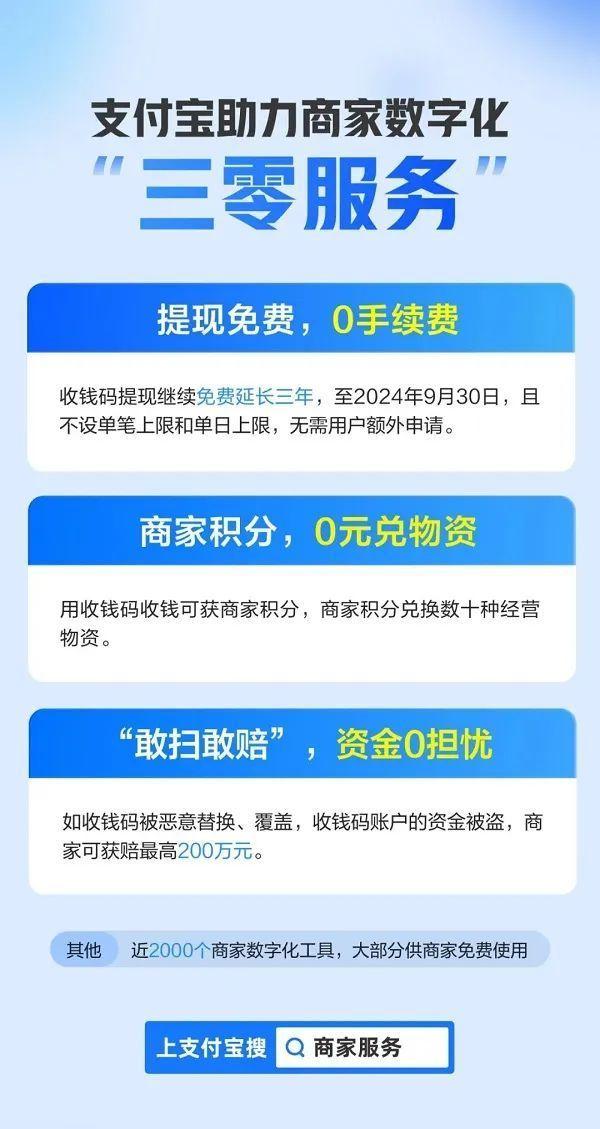 支付宝推出“三零服务”，商家收钱码提现继续免费延长3年