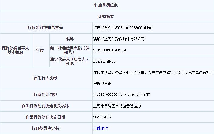 洁欣形象设计公司上海被罚 发布违背社会良好风尚广告