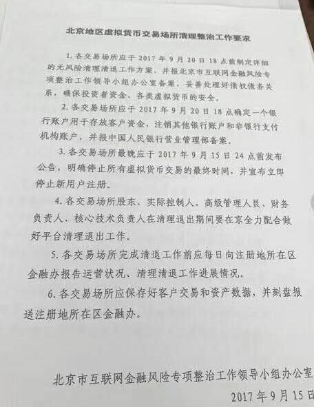 北京下发通知关停比特币交易所