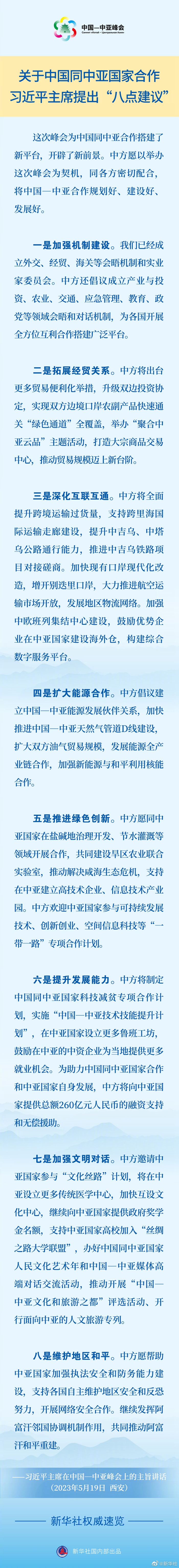 新华社权威速览丨关于中国同中亚国家合作，习近平主席提出“八点建议”