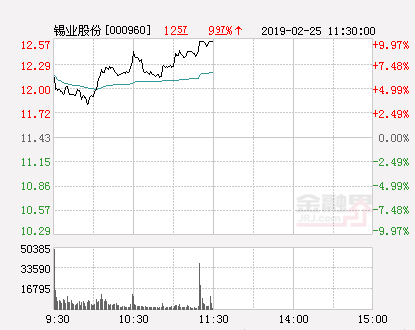 快讯：锡业股份涨停 报于12.57元