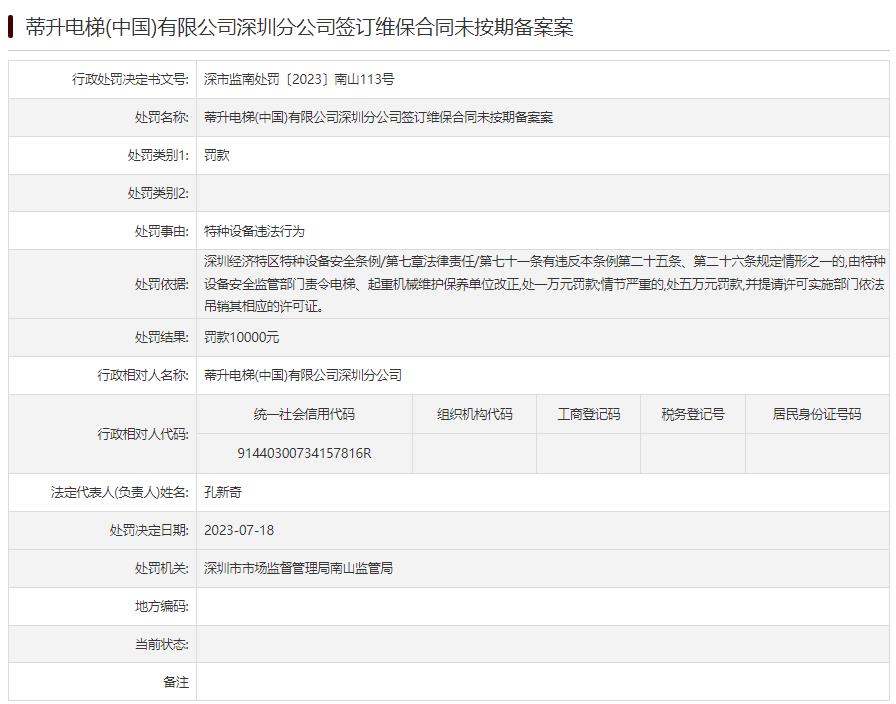 蒂升电梯深圳分公司违法被罚 签订维保合同未按期备案