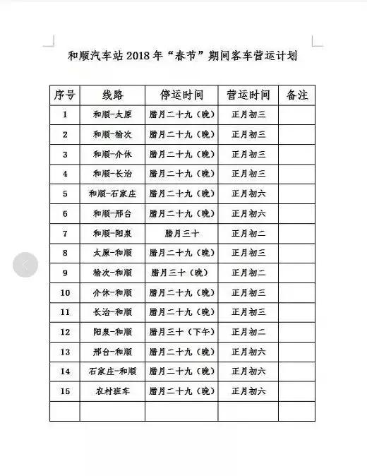 晋中：和顺县汽车站2018年“春节”期间客车营运计划